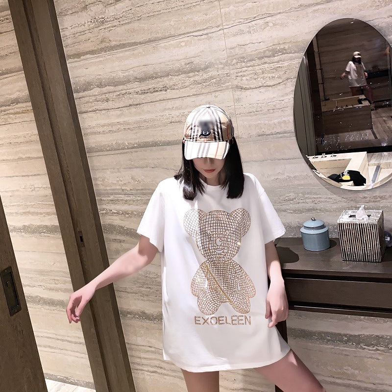 Gold Sparkling Hot Diamond Mid-length T-shirt Women
