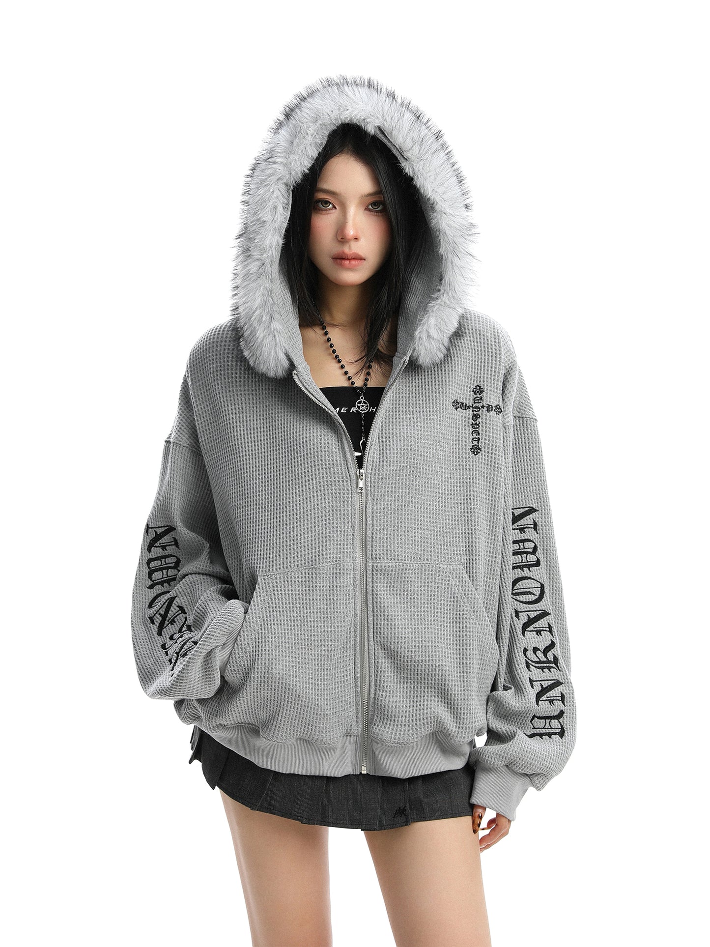Cross Printed Hoodie Women's Fur Collar Baggy Coat