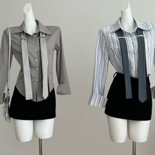 Preppy Style Double Tie Bell Sleeve Lapel Shirt