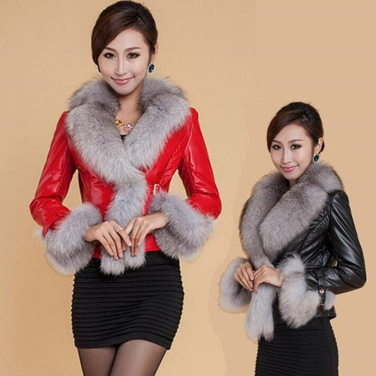 Best-selling Autumn Winter Jacket Woman Fur Coat Fashion Fox Fur Collar Women Coat Slim Short PU Leather Coat