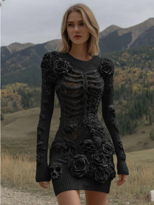 Printed Masson Round Neck Pullover Dress With Floral Patterns 3D
