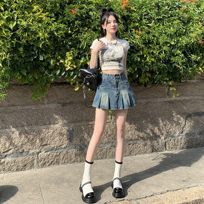 Denim Pleated For Women Summer High Waist Anti-exposure Skirt