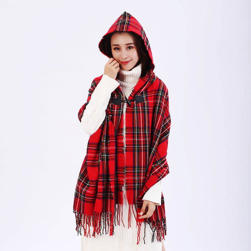 Cashmere plaid national wind hooded horn buckle cloak cloak travel air conditioning shawl