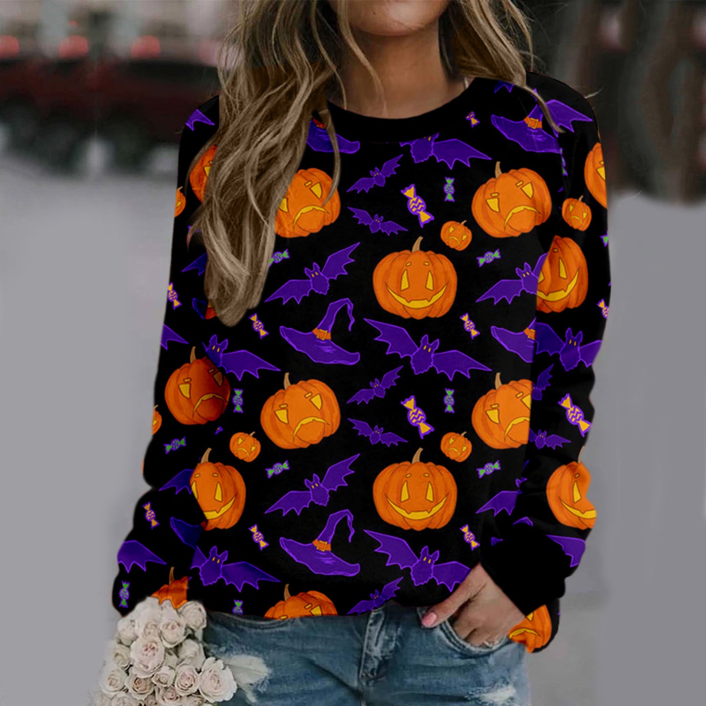 Halloween kvinders trykte behagelige langærmede sweater med rund hals