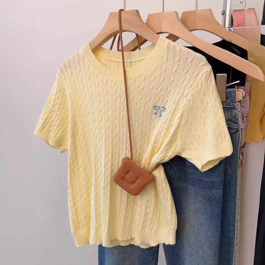 Twist Round Neck Embroidered Short-sleeved T-shirt Short Inner Sweater