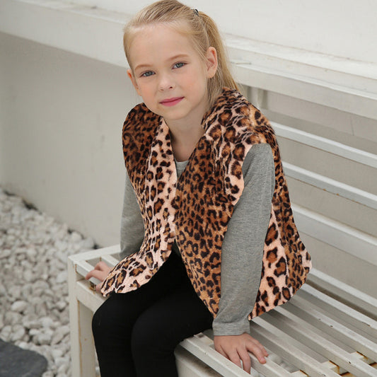 Fashionable Leopard-Print Faux Fur Vest For Kids In Europe And America