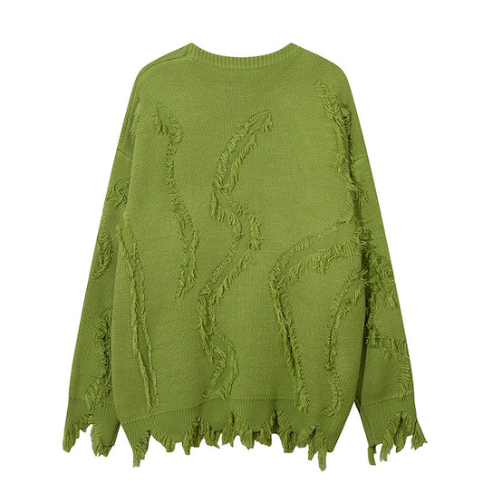 Idle Style Cat Beard Tassel Ripped Round Neck Sweater
