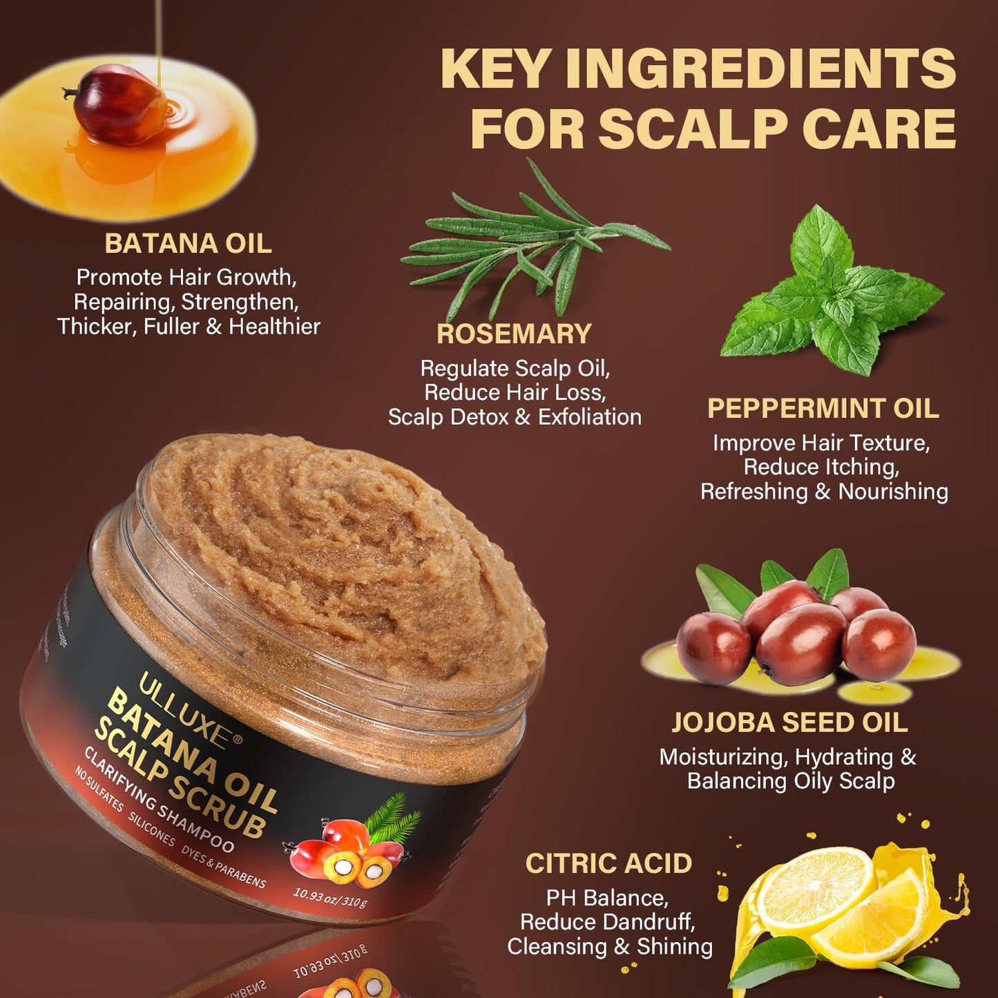 Batana Oil Scalp Scrub med Scalp Massager hårbottenskrubb, Exfolierande schampo med rosmarin som bekämpar mjäll, lugnar torr och kliande hårbotten, ger näring, rengör och främjar hårväxt, 310g