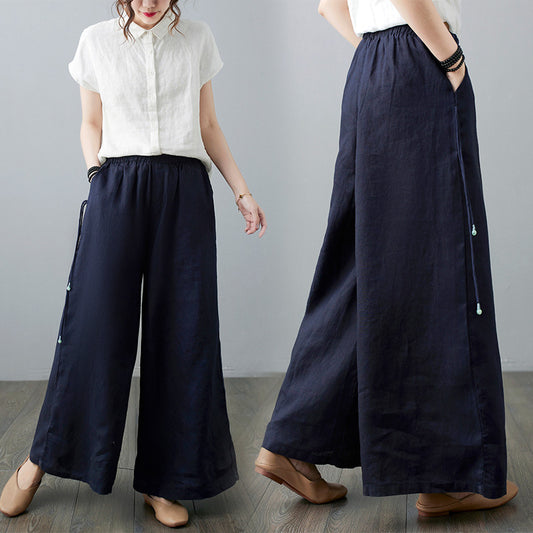 Women's Casual Cotton And Linen Loose High Waist Straight Wide Leg Pants