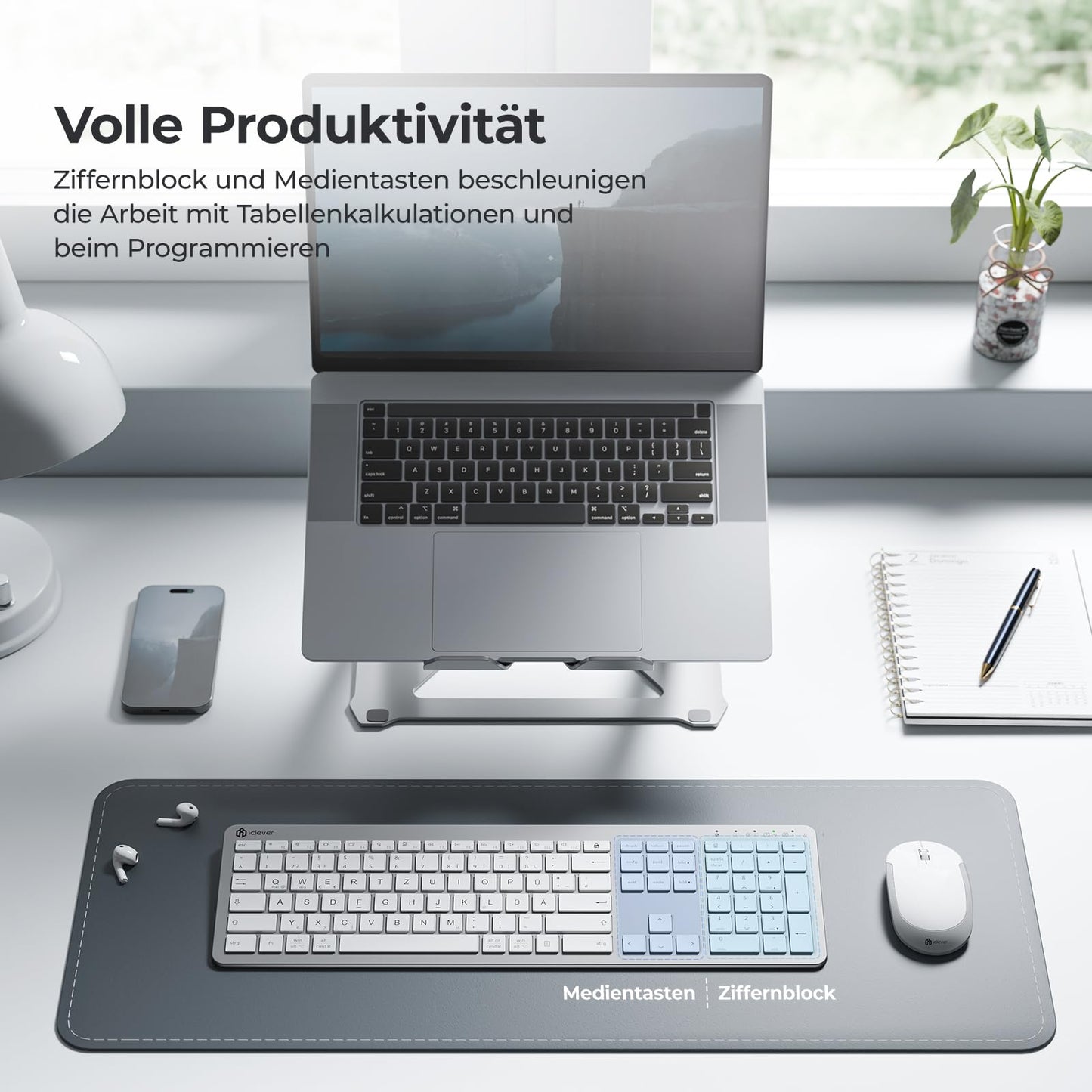 IClever GK08 trådlöst tangentbord och mus - 2,4 G ultraslim uppladdningsbar trådlös tangentbordsmus set för PC, stationär dator, bärbar dator, Windows Mac OS, QWERTZ layout, vit