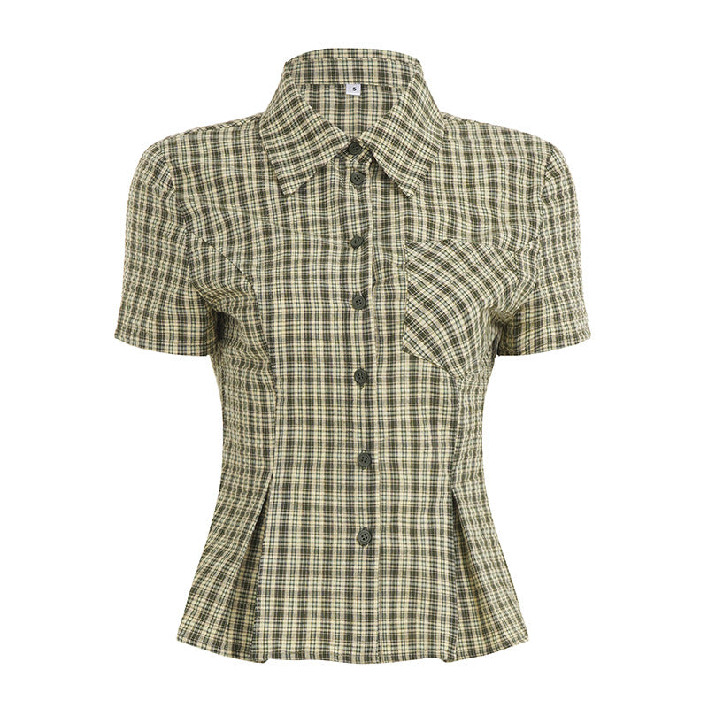 British Style Wooden Ear V-neck Plaid Shirt Elegant Waist Button Puff Sleeve Top
