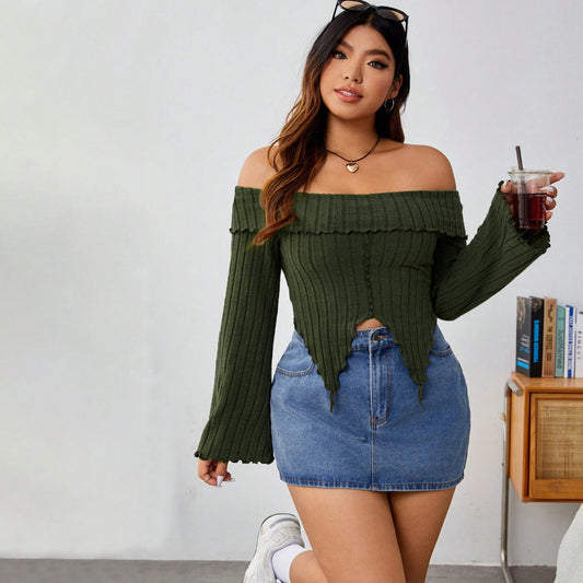 Ensfarvet Langærmet Off Shoulder Uregelmæssig Top til Kvinder