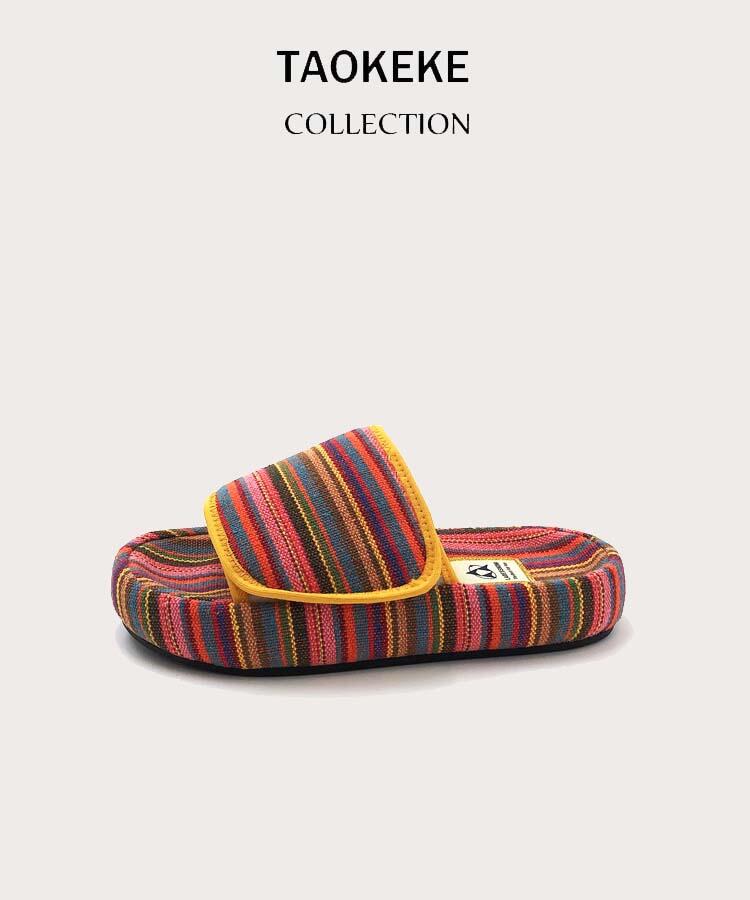 Paste Thick-soled Slippers Women Summer New Niche Design Rainbow Color Canvas Casual Outerwear Flip Flops