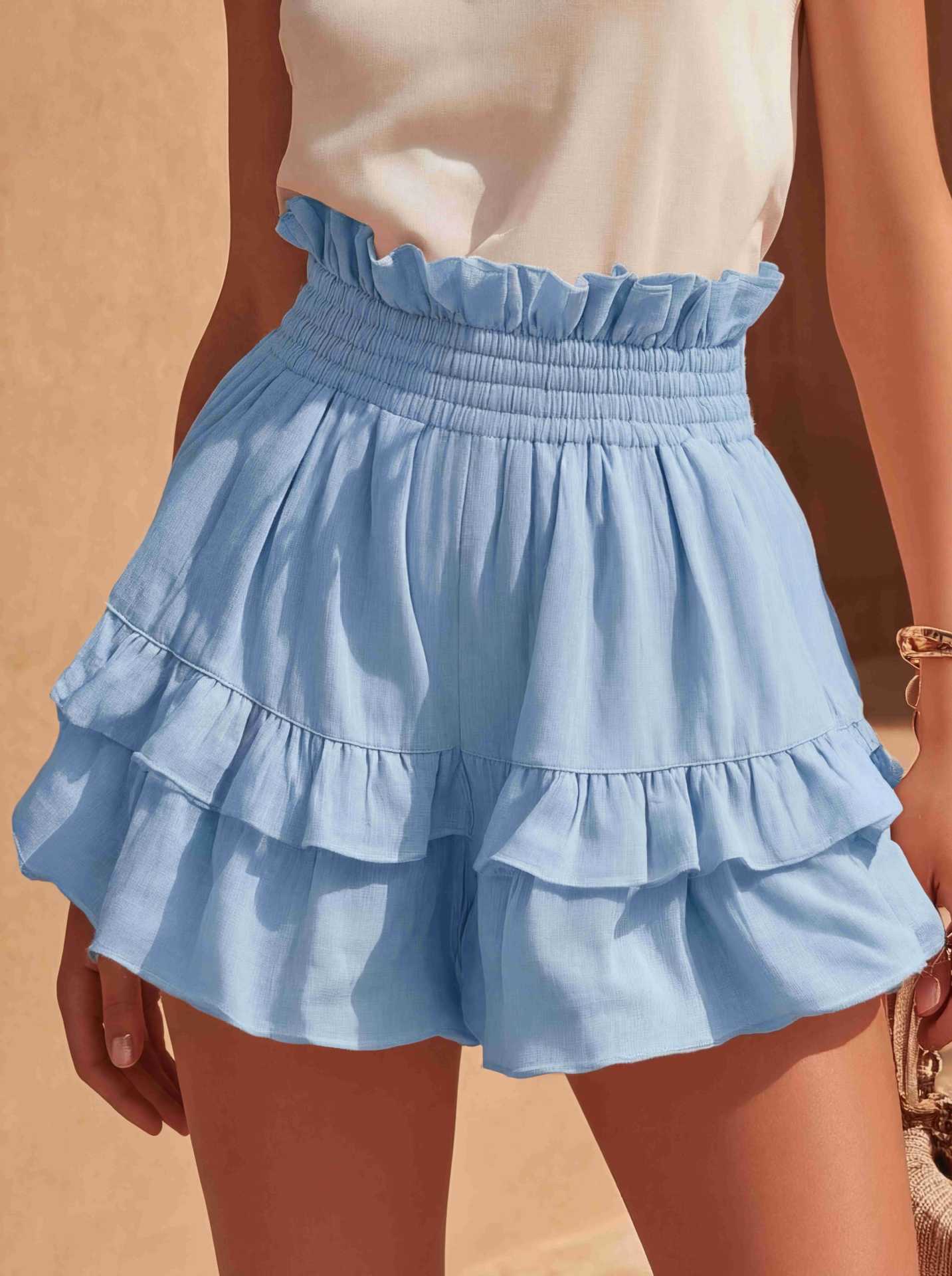 Fashionable Cinched Waist Ruffle Trim Casual Shorts