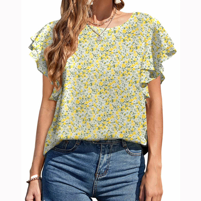 Kvinders trykte afslappede bluse med rund hals