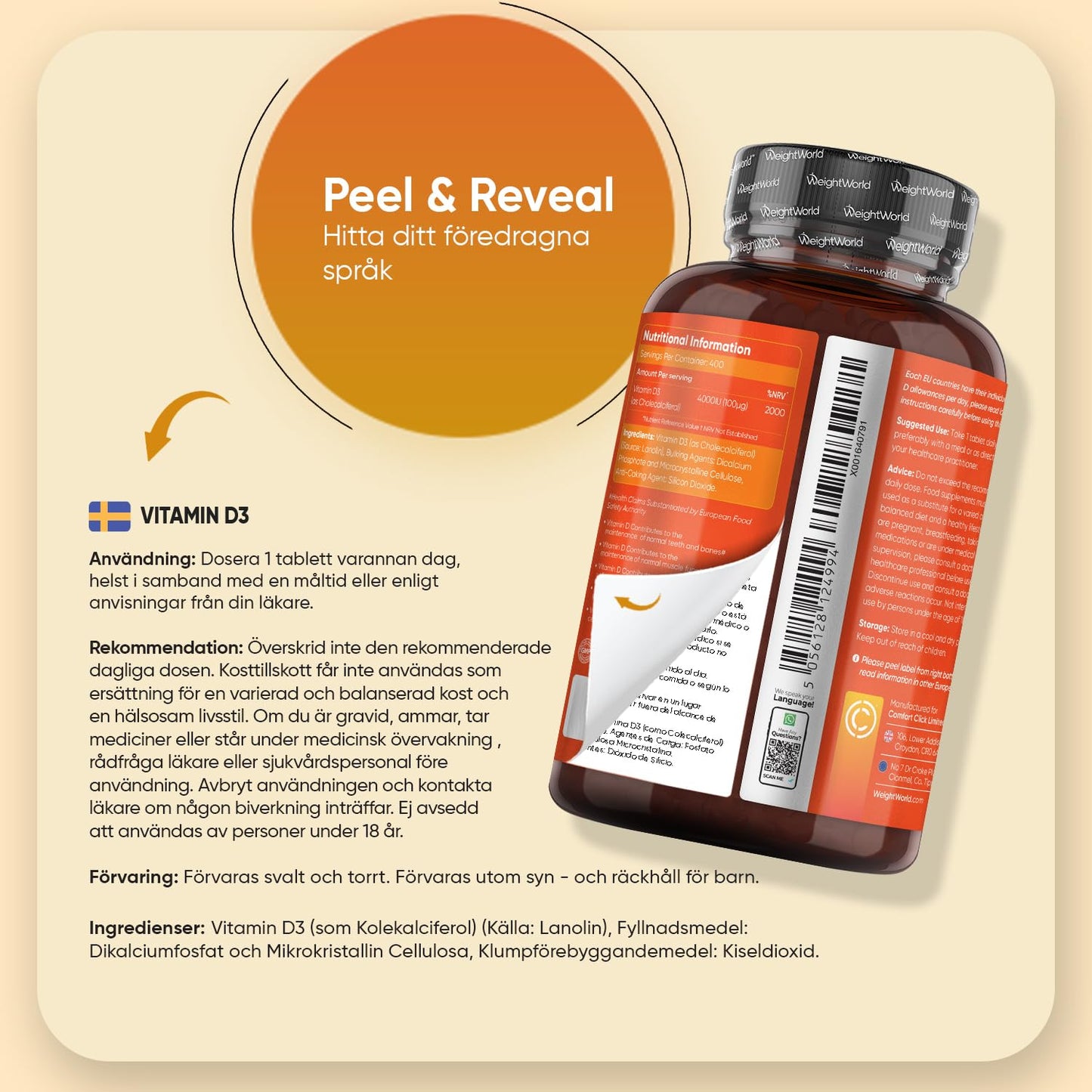 Vitamin D3 4000 IU - 400 tabletter (1 tablett varannan dag) - Solvitamin för immunförsvar, ben, tänder och muskler (EFSA) - 100% ren kolekalciferol vitamin D från WeightWorld