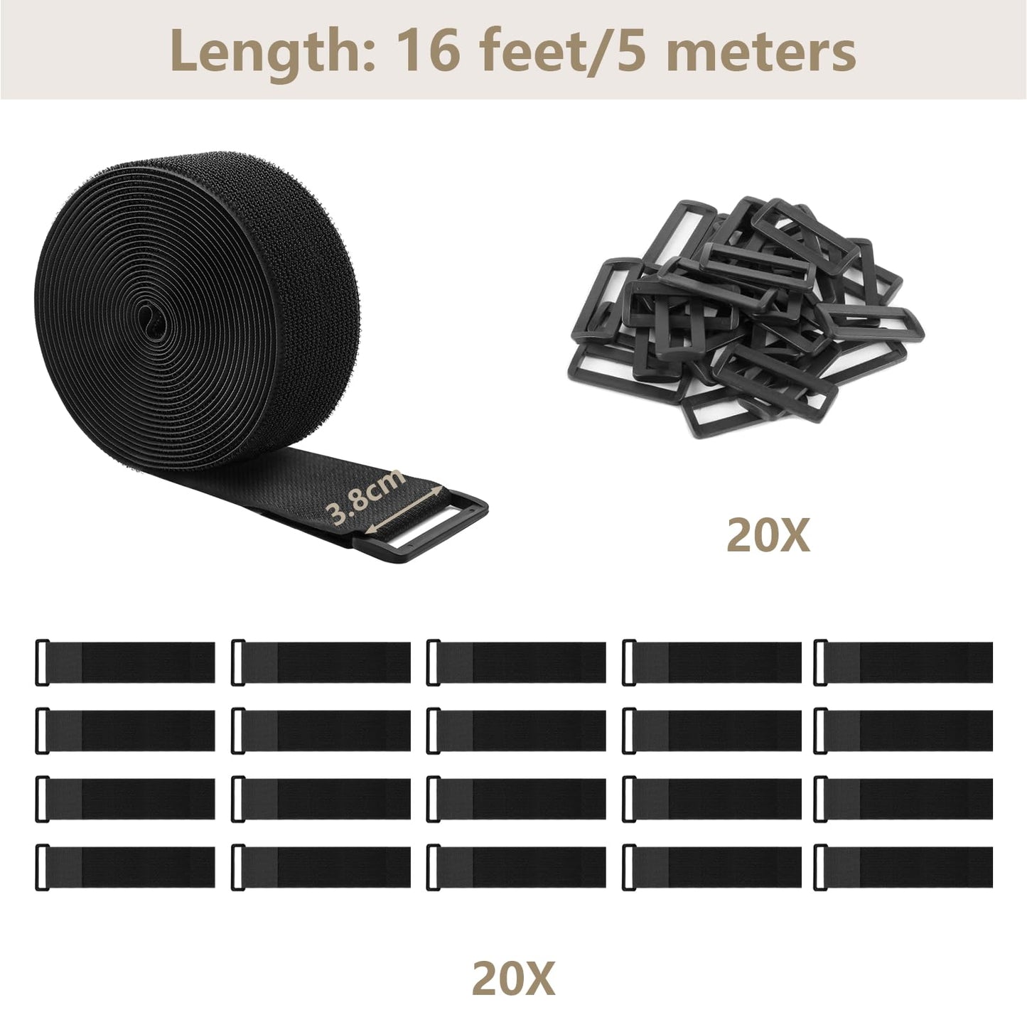 ZSURLUX Återanvändbara kabelband 3,8 cm x 5 m med 15 spännen, kraftiga justerbara krok- och ögla-trådremmar för kabelprydnad, artikelorganisering, utomhusbindning, svart