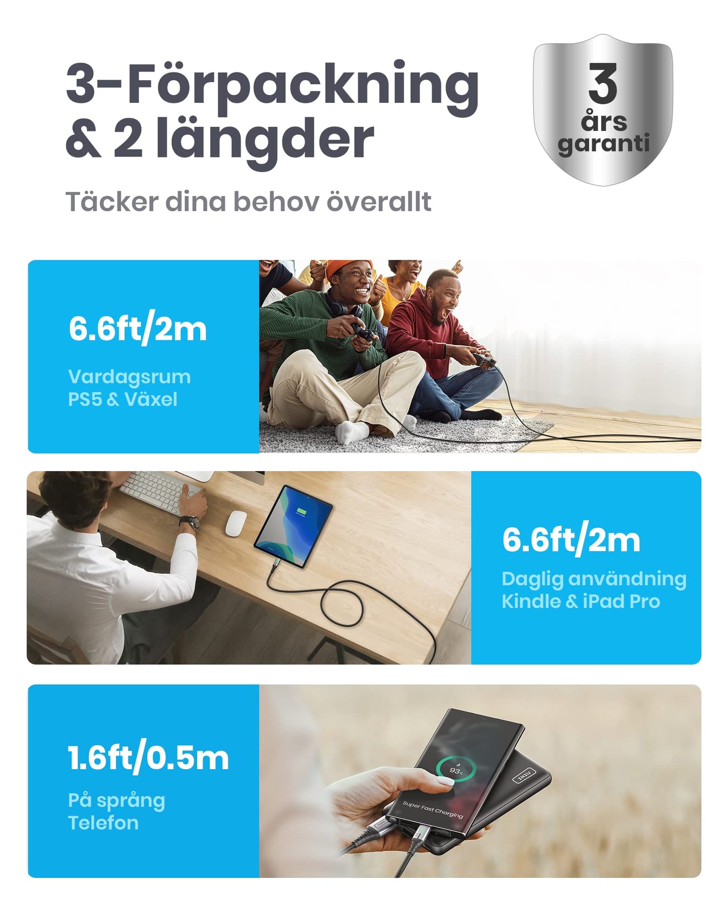 【3-Pack】INIU USB C-kabel, 3,1 A QC Snabbladdande USB-typ C-laddare, Zinklegering (1,6 + 6,6 + 6,6ft) Flätad Datakabel USB A till C Telefonladdare för iPhone 14 13 Samsung S22 S21 Xiaomi Huawei Google