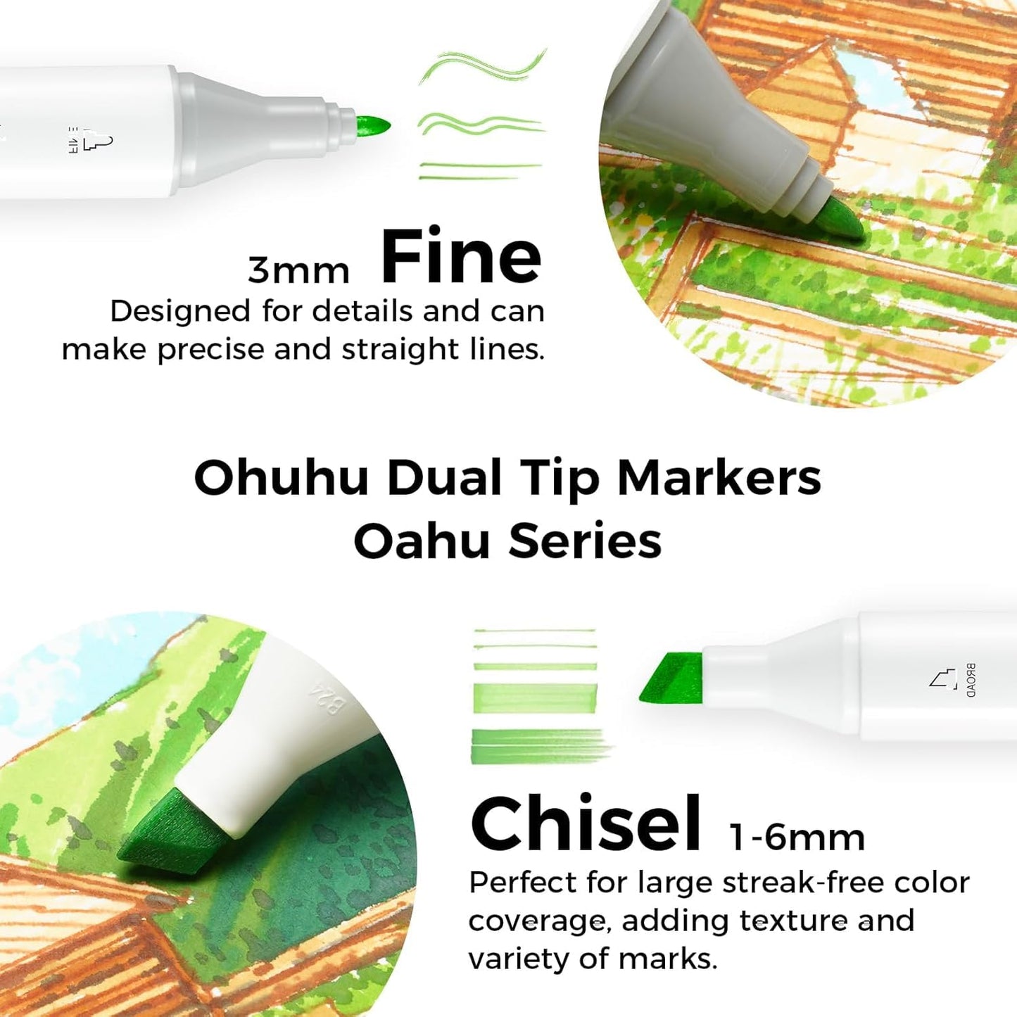 Ohuhu Alkoholmarker 100 Färger, Dubbelspets Mejselspets & Fin Spets Lämplig för Konstnärer studenter Teckning Design Med Svart Kasse Oahu Series