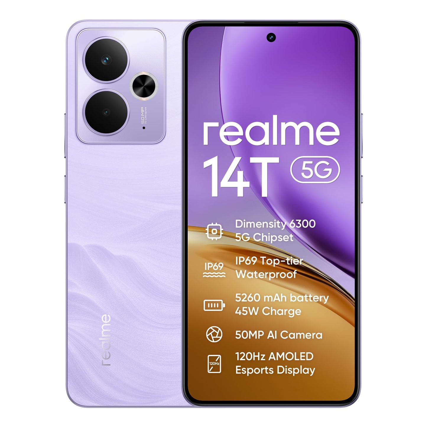 realme 14T smartphone 5g, 8+256 GB, 5260 mAh batteri, dimensity 6300 chipsats, IP69-vattentät, 50 MP-kamera, 120 Hz skärm med ögonvänlig effekt, lila, Amazon exklusiv (utan adapter)