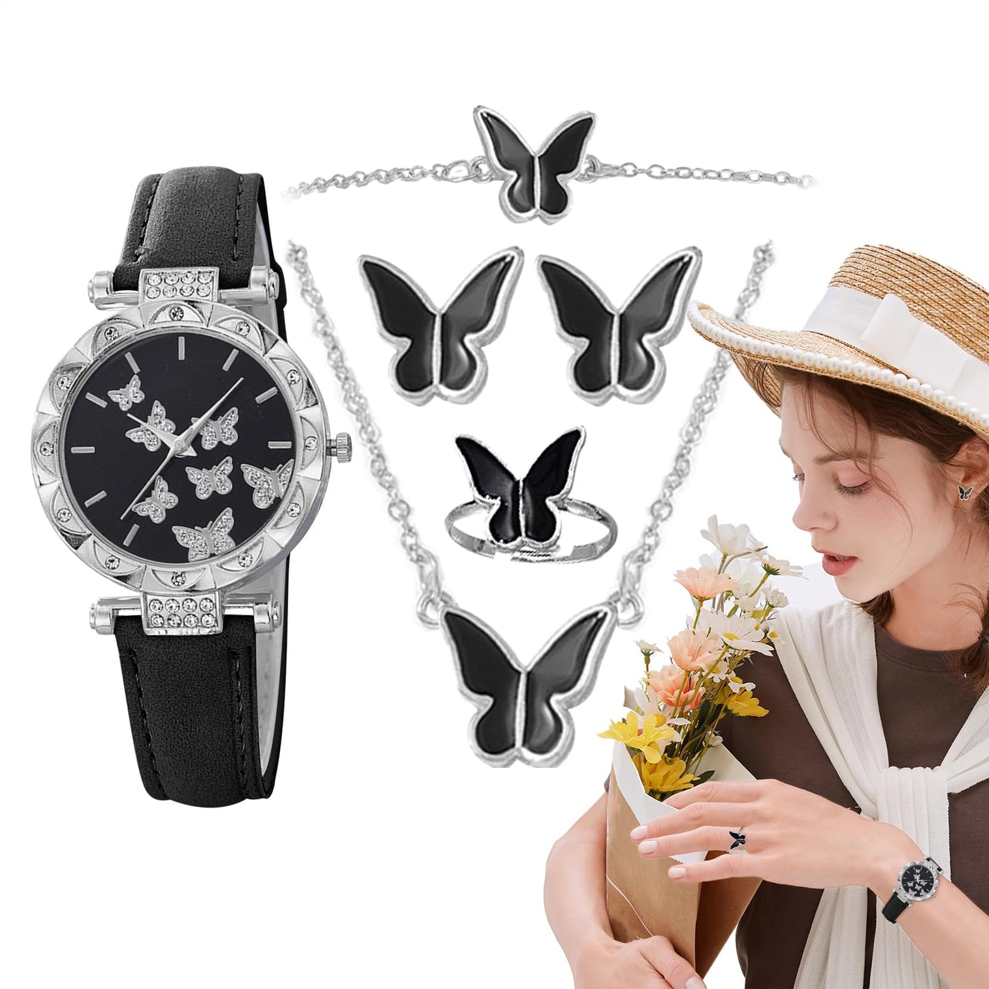 Womens Watches, Womens Watch - 5 stycken Butterfly Women Watch Set | Butterfly Fashion Lady Wristwatch med örhängen armband för kvinnlig, födelsedag och resor