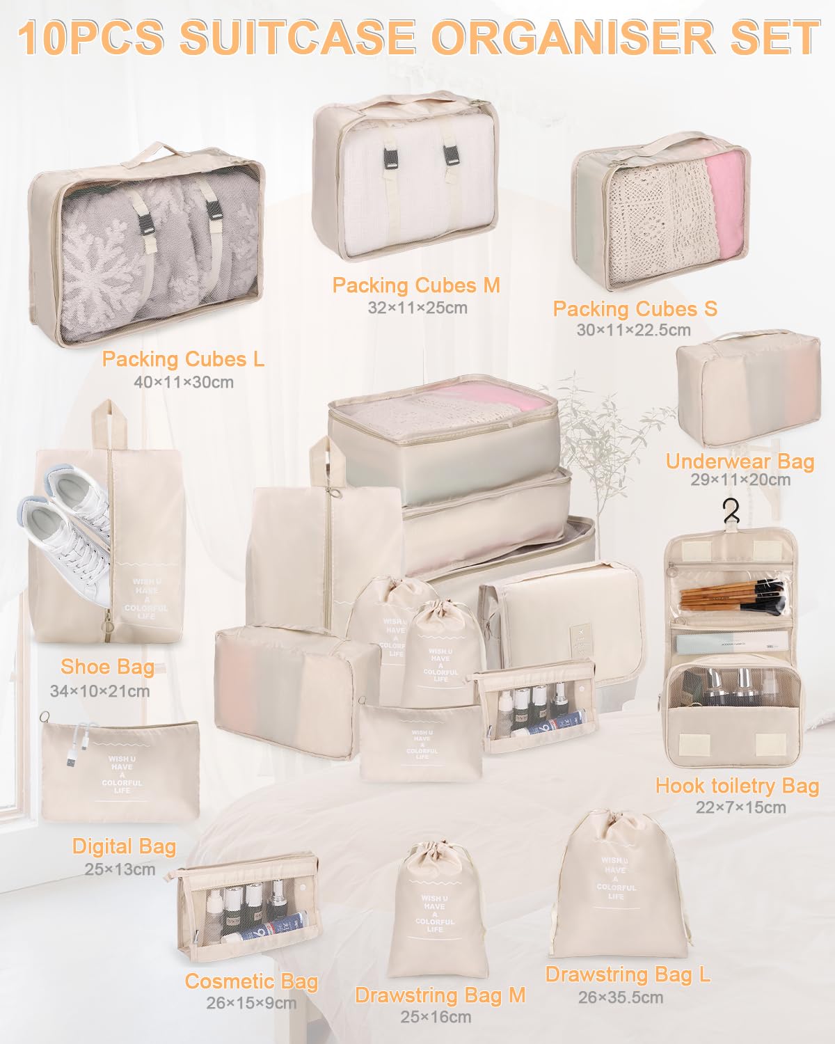 Resväskearrangör, packkuber, resväskorganiseringsset 10 delar, bagageorganisatör vattentät, packkuber, med packpåsar, klädväskor, kosmetikväska, skoväska, arrangör resväska (beige)