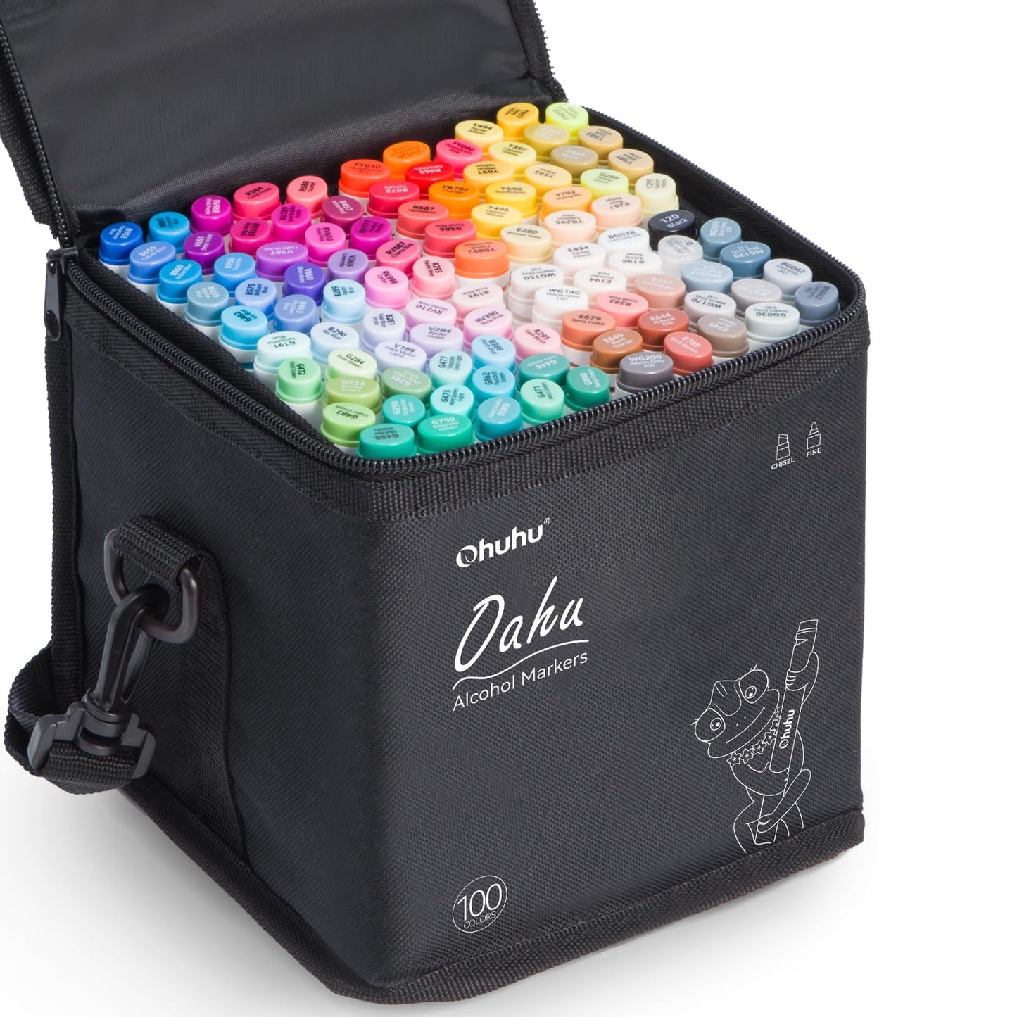 Ohuhu Alkoholmarker 100 Färger, Dubbelspets Mejselspets & Fin Spets Lämplig för Konstnärer studenter Teckning Design Med Svart Kasse Oahu Series