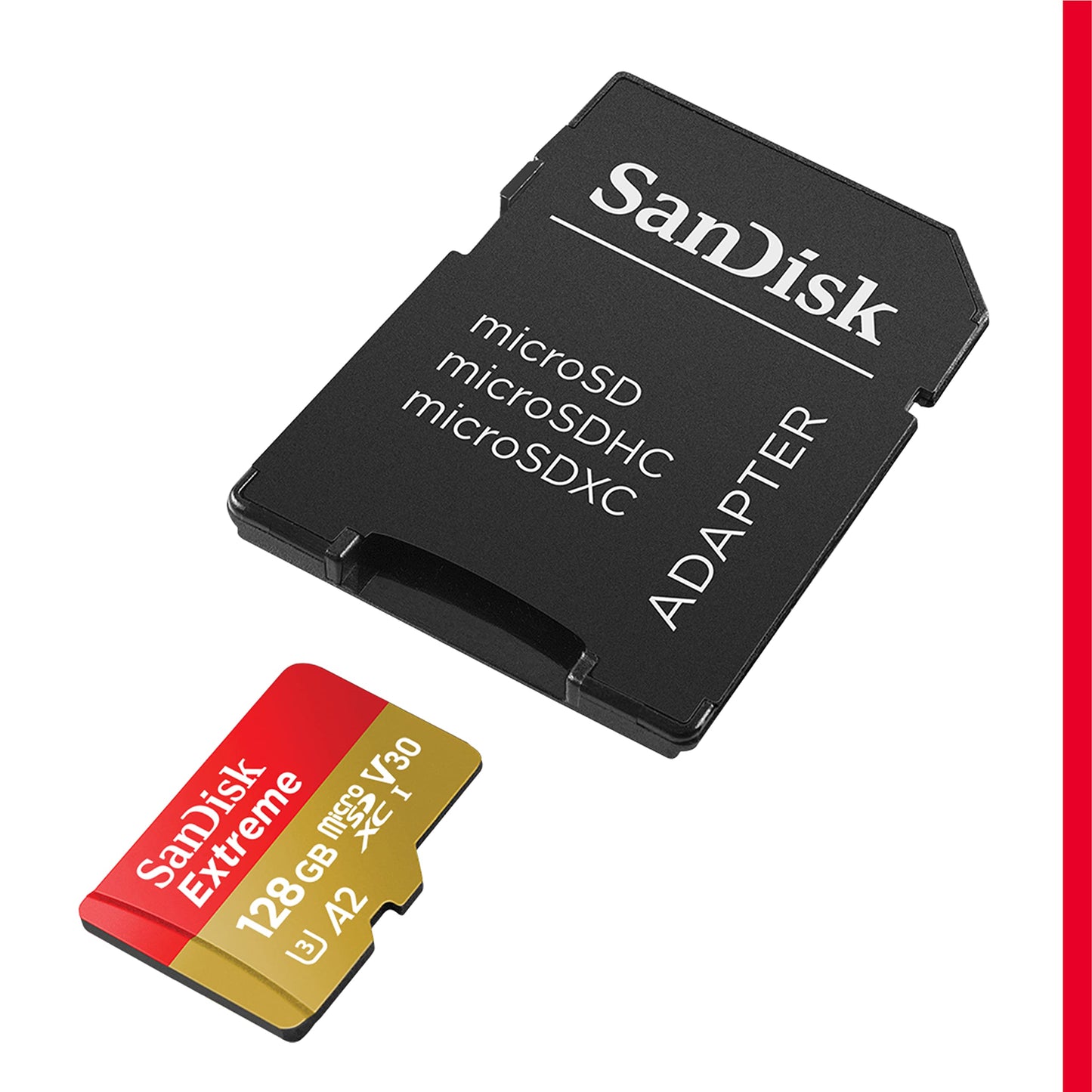 SanDisk 128GB Extreme microSDXC kort +SD-adapter, för din Android-smarttelefon, actionkameror eller drönare, upp till 190 MB/s, RescuePro Deluxe, SanDisk QuickFlow teknik, A2, UHS-I, Class 10, U3, V30