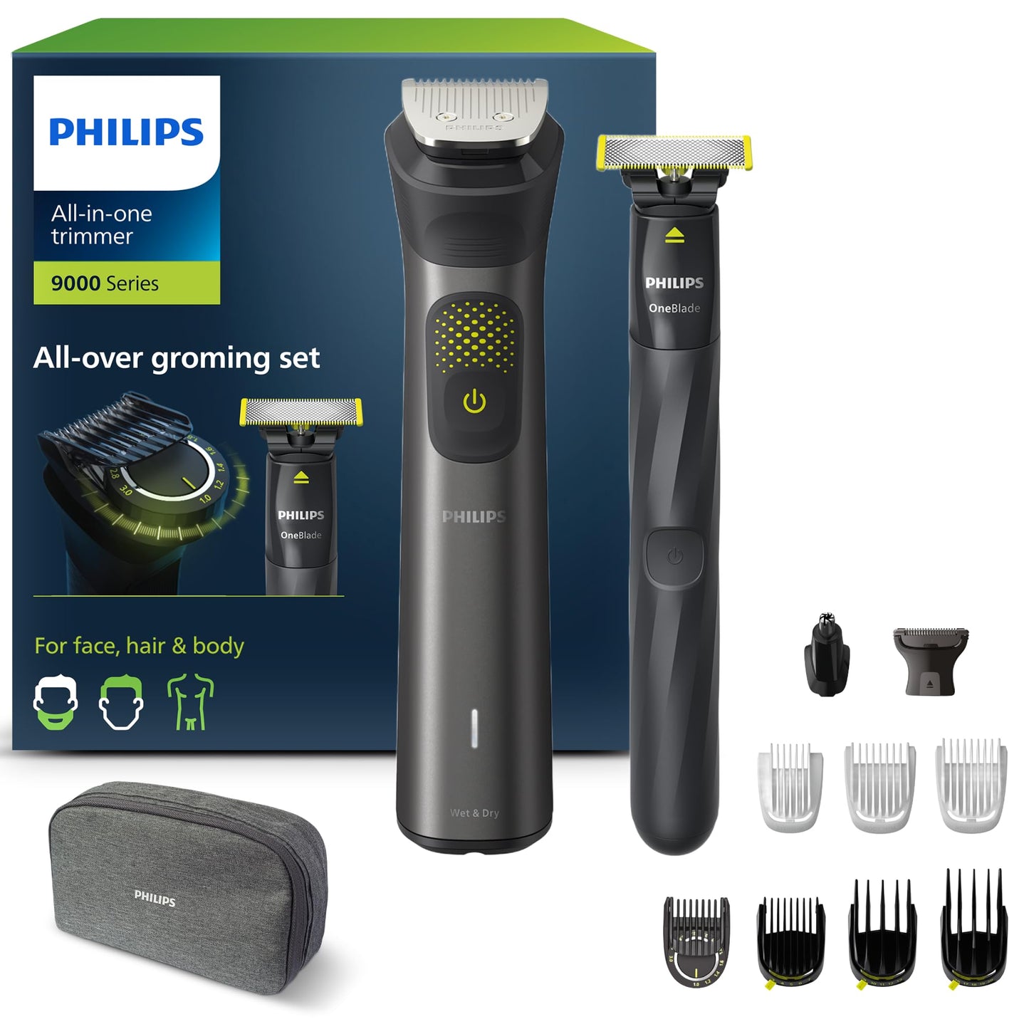 Philips Series 9000 13-in-one Trimmer + OneBlade, groomingset för hela kroppen, exakt trimning, skarpa kanter, smidig rakning, 27 längdinställningar (0,2–20 mm) (modell MG9530/15)