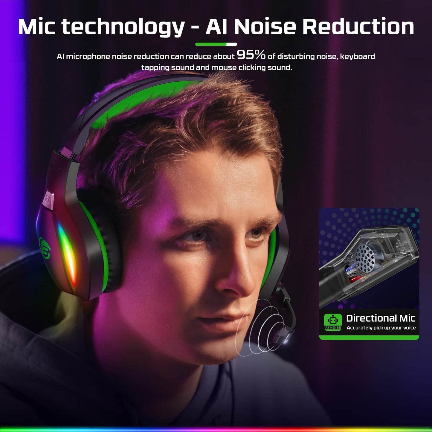 Fachixy FC100 Gaming Headset för PS4, PS5, PC, Xbox, Nintendo Switch, hörlurar med kabel och RGB-ljus, Stereo Surround-hörlurar med mikrofon, brusreducerande Gamer-hörlurar (GRÖN)