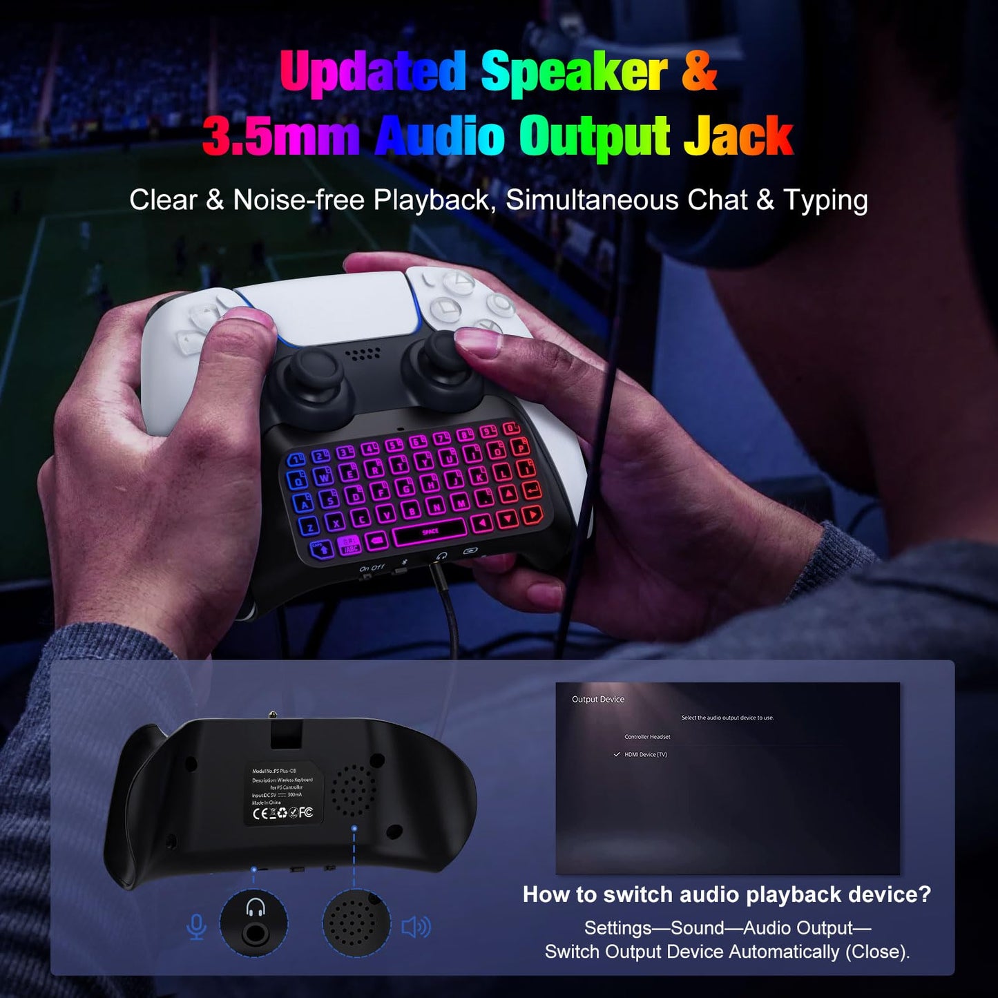 MoKo RGB Backlight Keyboard for PS5 Controller, Bluetooth Wireless Mini Gamepad Chatpad for Playstation 5 with Upgraded Built-in Speaker & 3.5mm Audio Jack for PS5 Controller Accessories