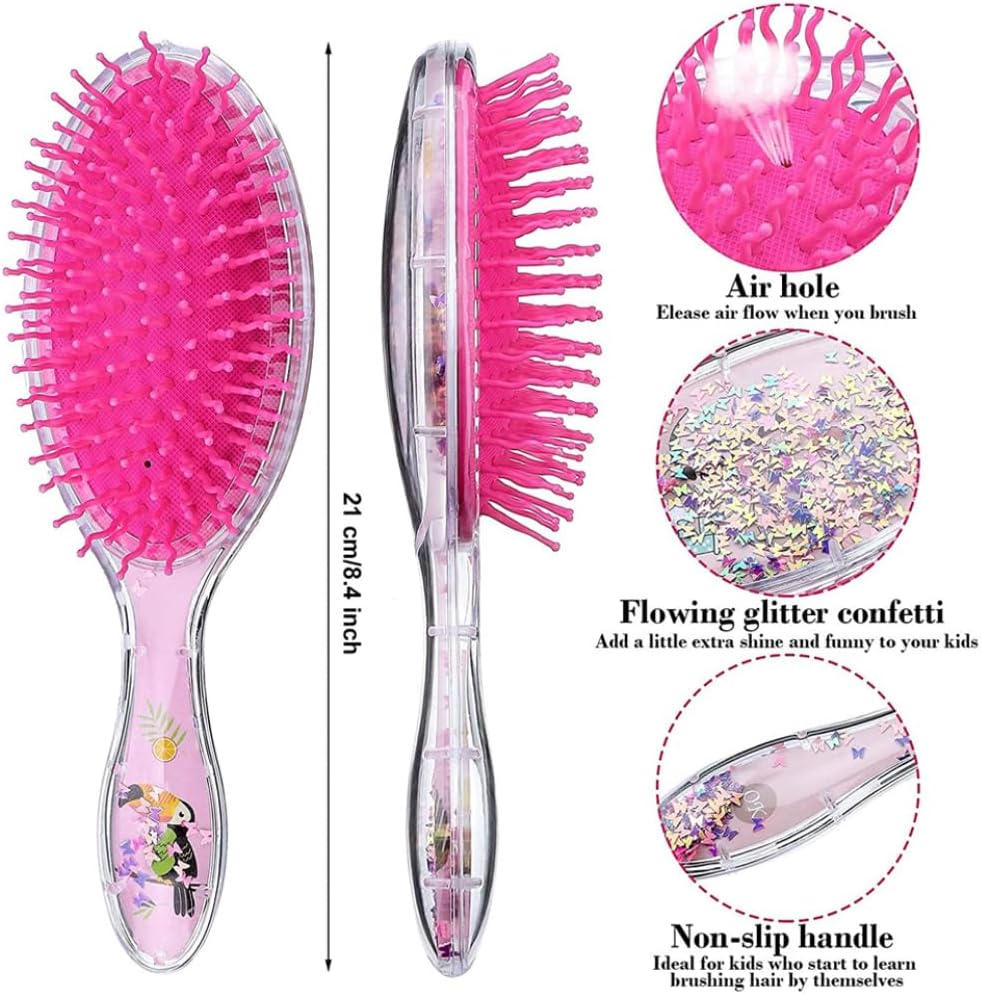 Barn våt hårborste konfetti glitter utredning hårborste set mjuk borst massage för baby barn flickor lockigt rakt långt kort (fågel och zebra) 2 stycken, hårborstar
