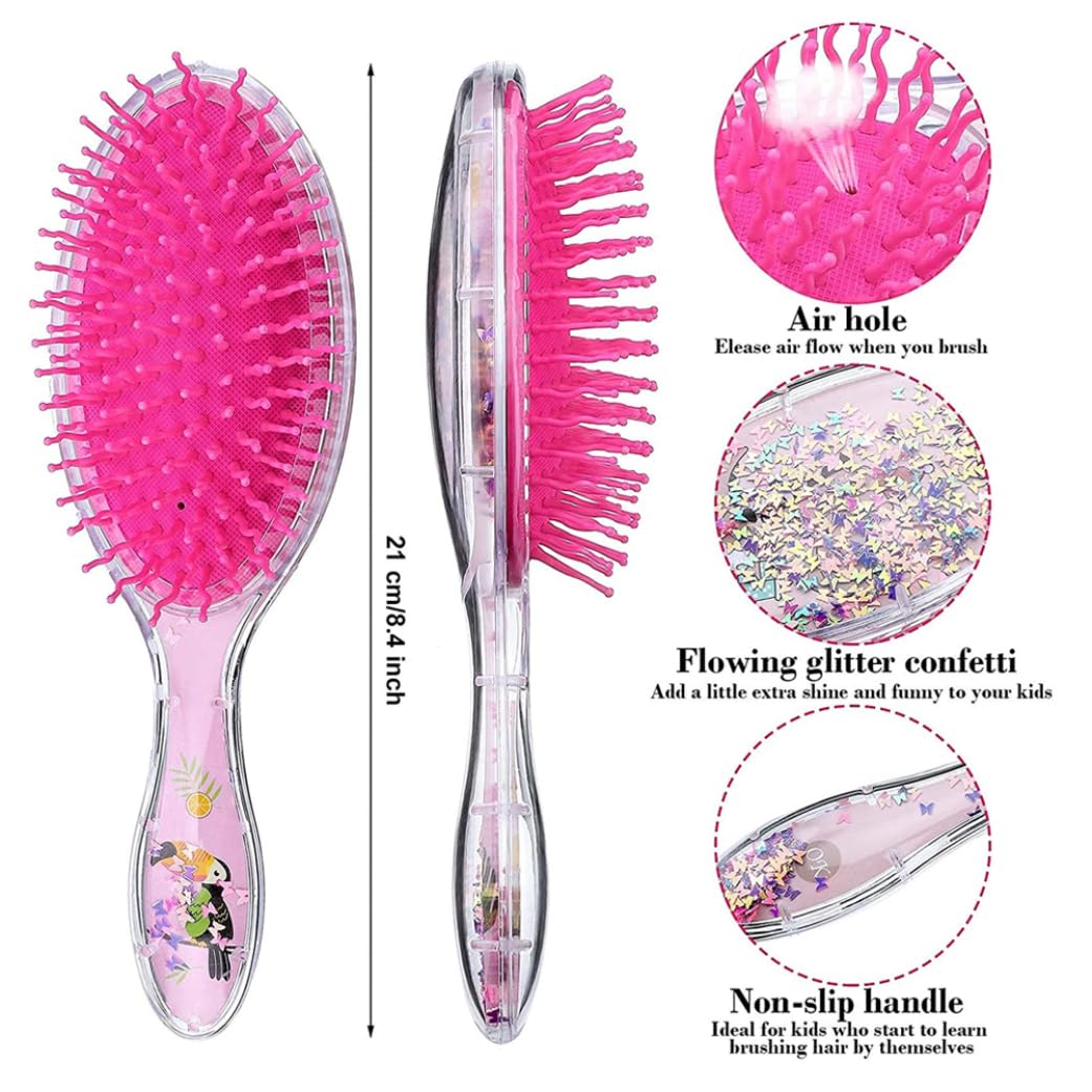 Barn våt hårborste konfetti glitter utredning hårborste set mjuk borst massage för baby barn flickor lockigt rakt långt kort (fågel och zebra) 2 stycken, hårborstar