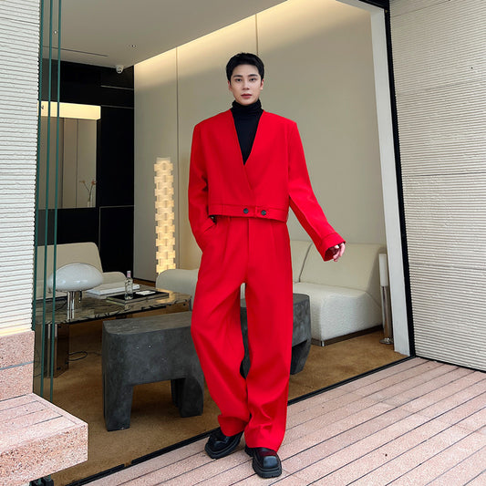 Straight Loose Casual Pants Men's Trendy Retro Chinese Red Suit