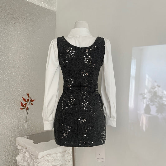 French Doll Collar White Blouse & Black Sequin Vest Dress Two-Piece Set Spring New