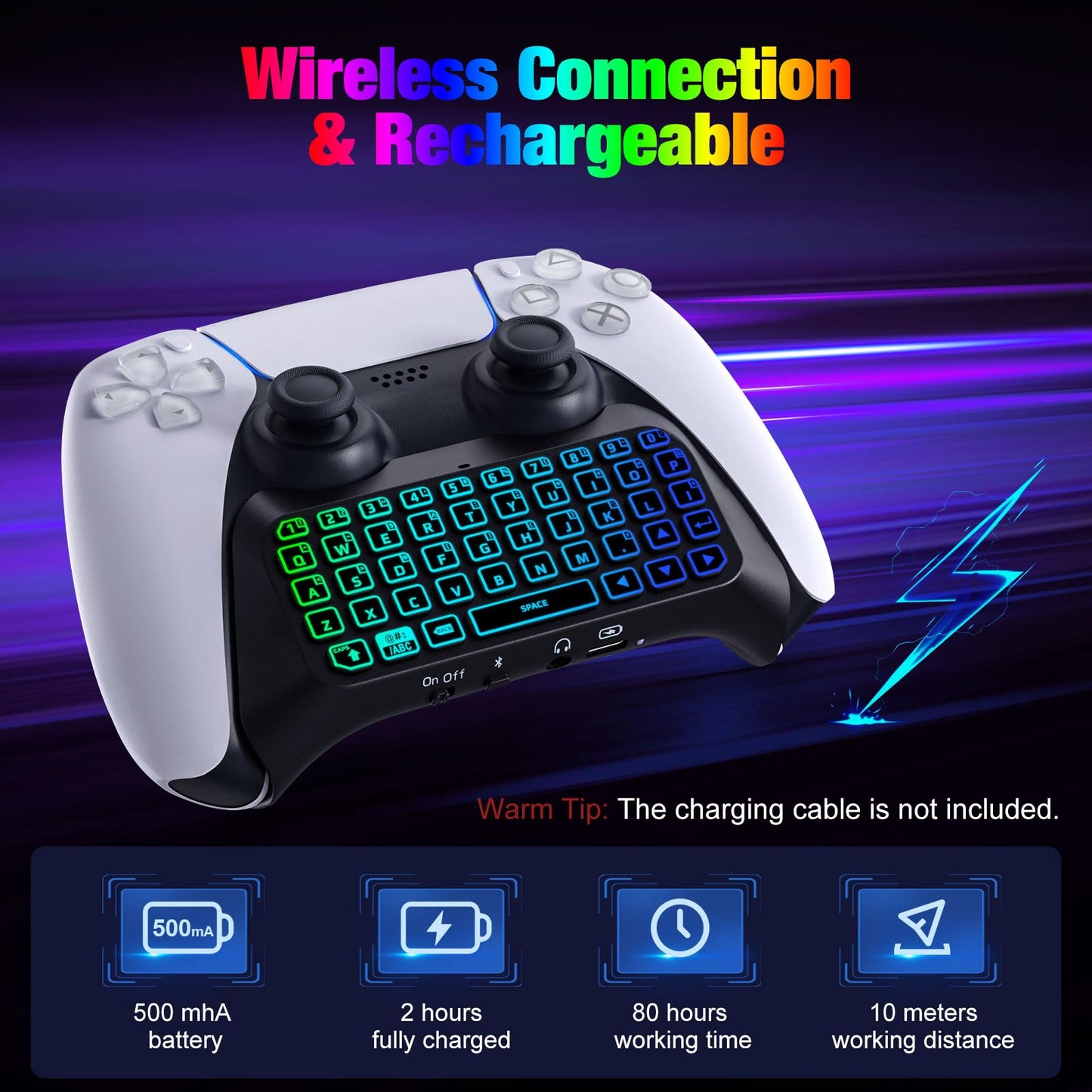 MoKo RGB Backlight Keyboard for PS5 Controller, Bluetooth Wireless Mini Gamepad Chatpad for Playstation 5 with Upgraded Built-in Speaker & 3.5mm Audio Jack for PS5 Controller Accessories