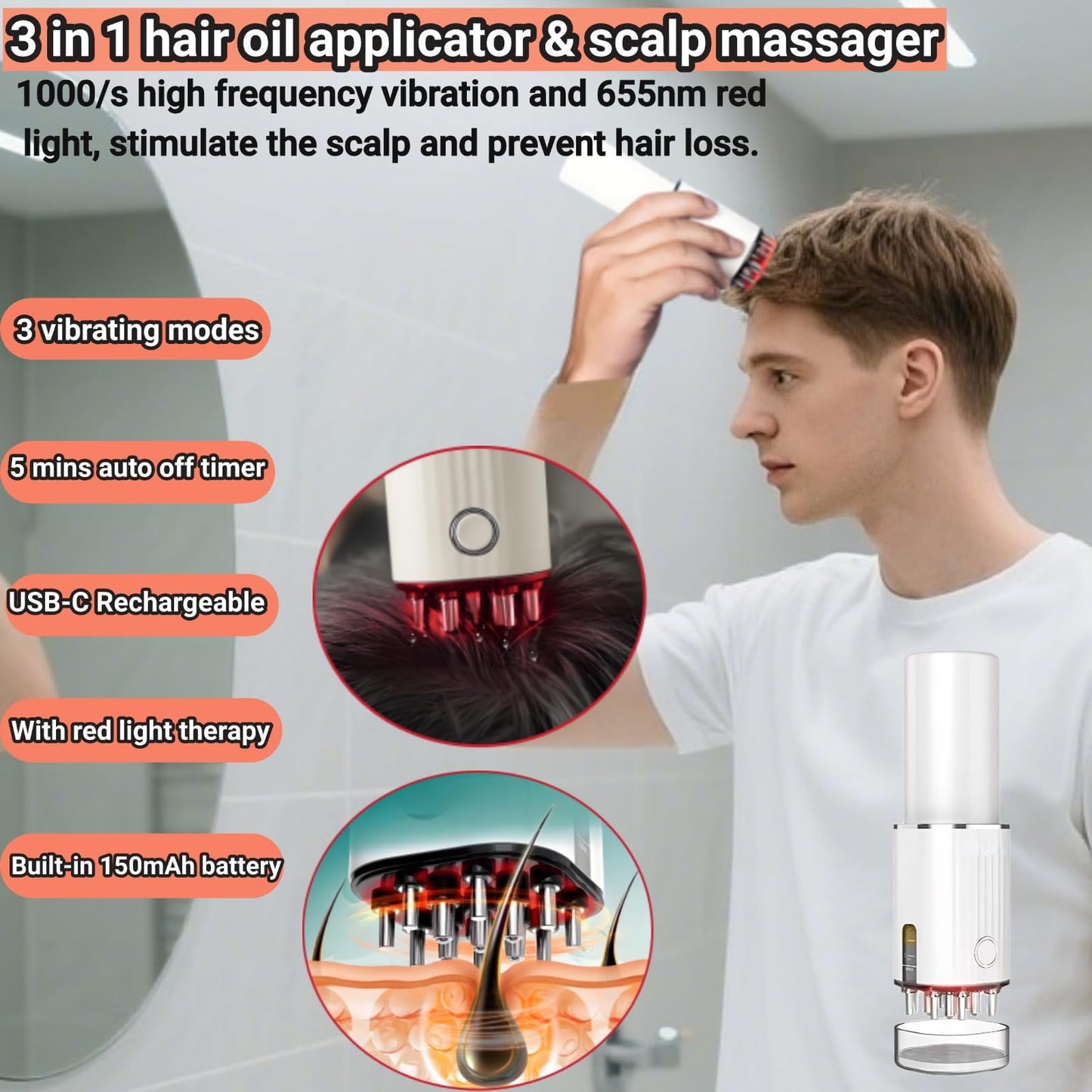 Zilynhom hårbottenmassageborste, anti-håravfall oljedispenser med vibrationer, 70 ml flaska, USB, gåva för kvinnor och män, hårolja applikator för minoxidil-hårväxtsserum, huvudmassageolja, rotkam