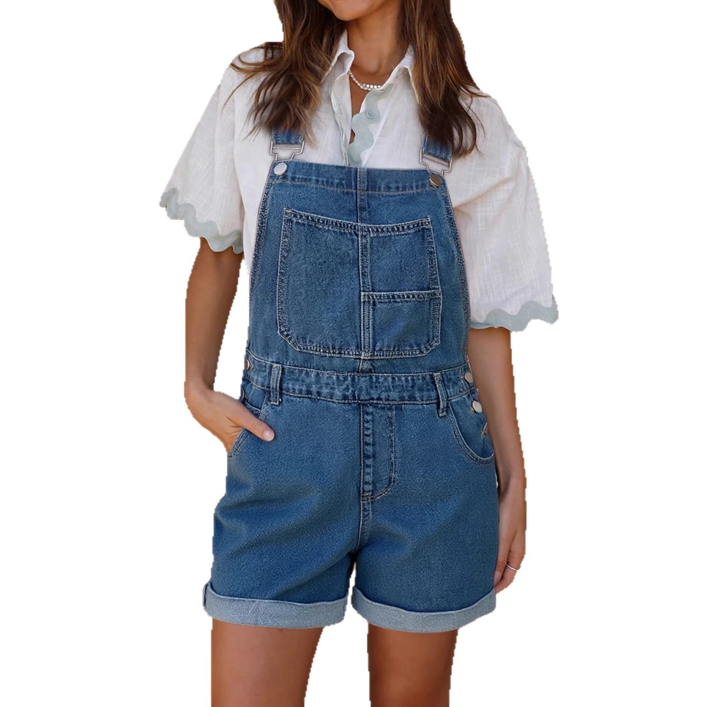 strap Rolled-hem Washed-blue Suspender Jeans