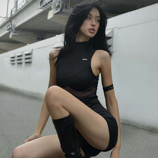 Mesh Patchwork Udhulet Ærmeløs Kort Jumpsuit