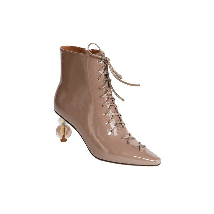Women's Lace-up Zippered Crystal Heel Leather Martin Boots