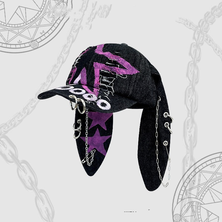 Rabbit Ears Denim With Hole Baseball Hat Washed