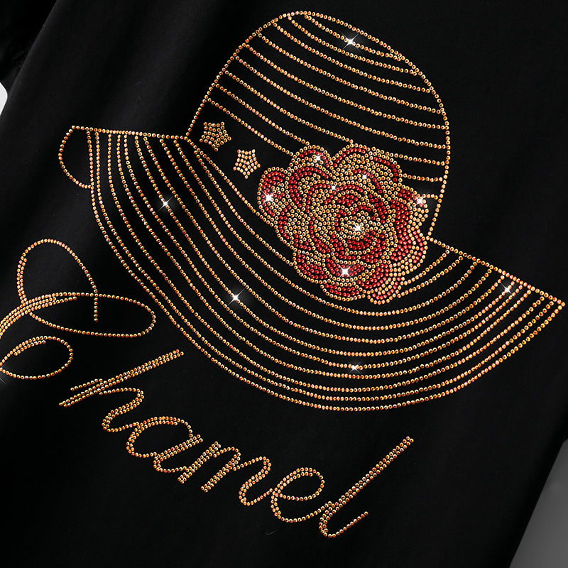 Dame T-shirt med korte ærmer i bomuld og diamanter, plus size