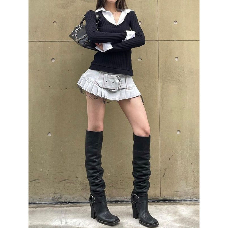 College Style Polo Collar Stitching Fake Two-piece Long Sleeve
