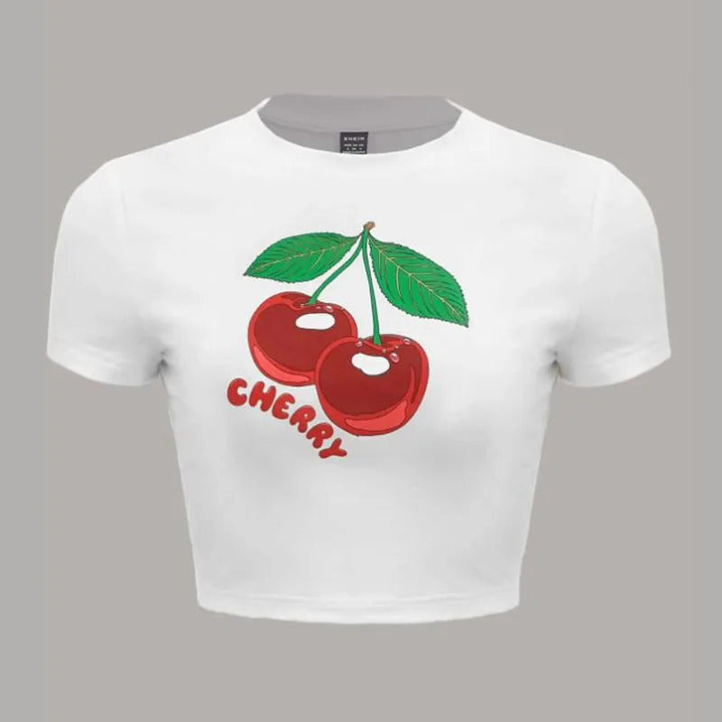 Sød T-shirt-top til kvinder med kirsebærprint