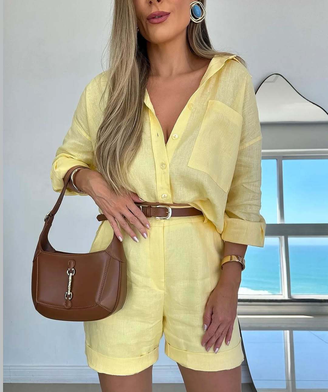 Casual Long-Sleeve Shirt And Shorts Womens Set