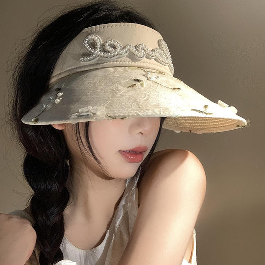 Lace Flower Pearl Visor Straw Hat Female Summer