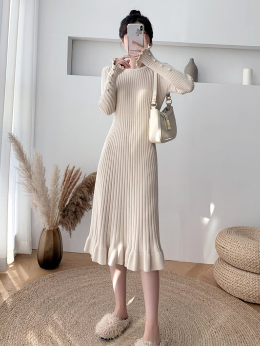 Thickened Mid-Length Crew-Neck Loose-Fit Warm Knitted Womens Dress
