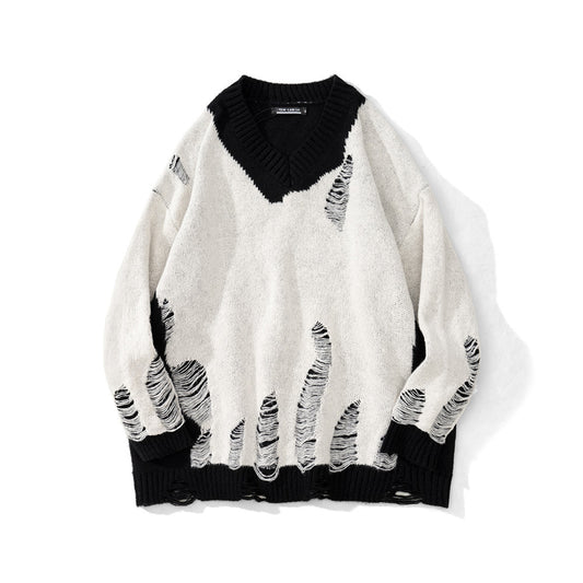 Lazy Wind Color Matching Hole Beggar Sweater