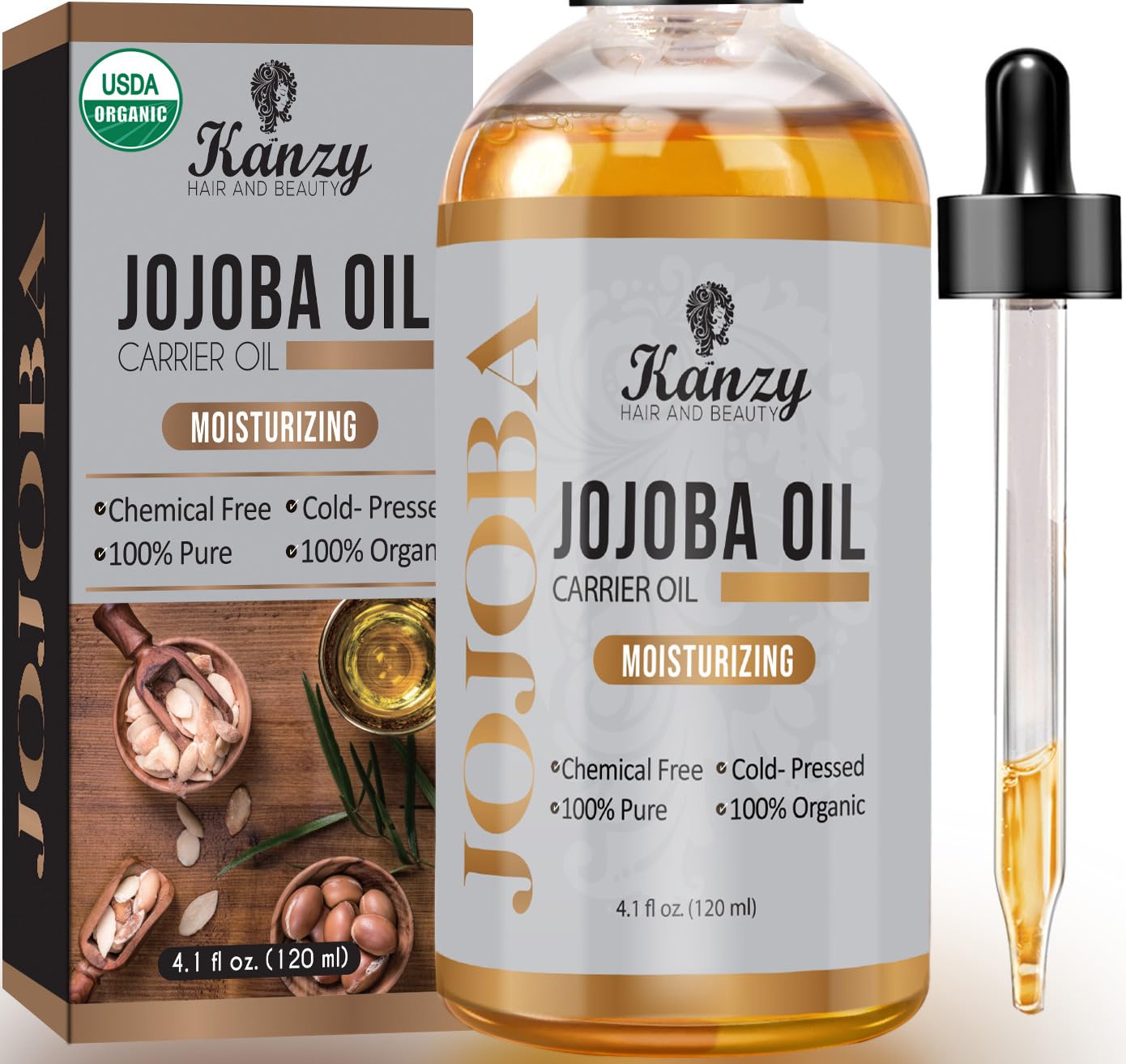 Kanzy Jojobaolja Ekologisk Kallpressad 100% Ren 120ml Hexanfri Bärarolja för Hår Naglar Kropp Hud & Ansikte Kroppsolja-Certifierad