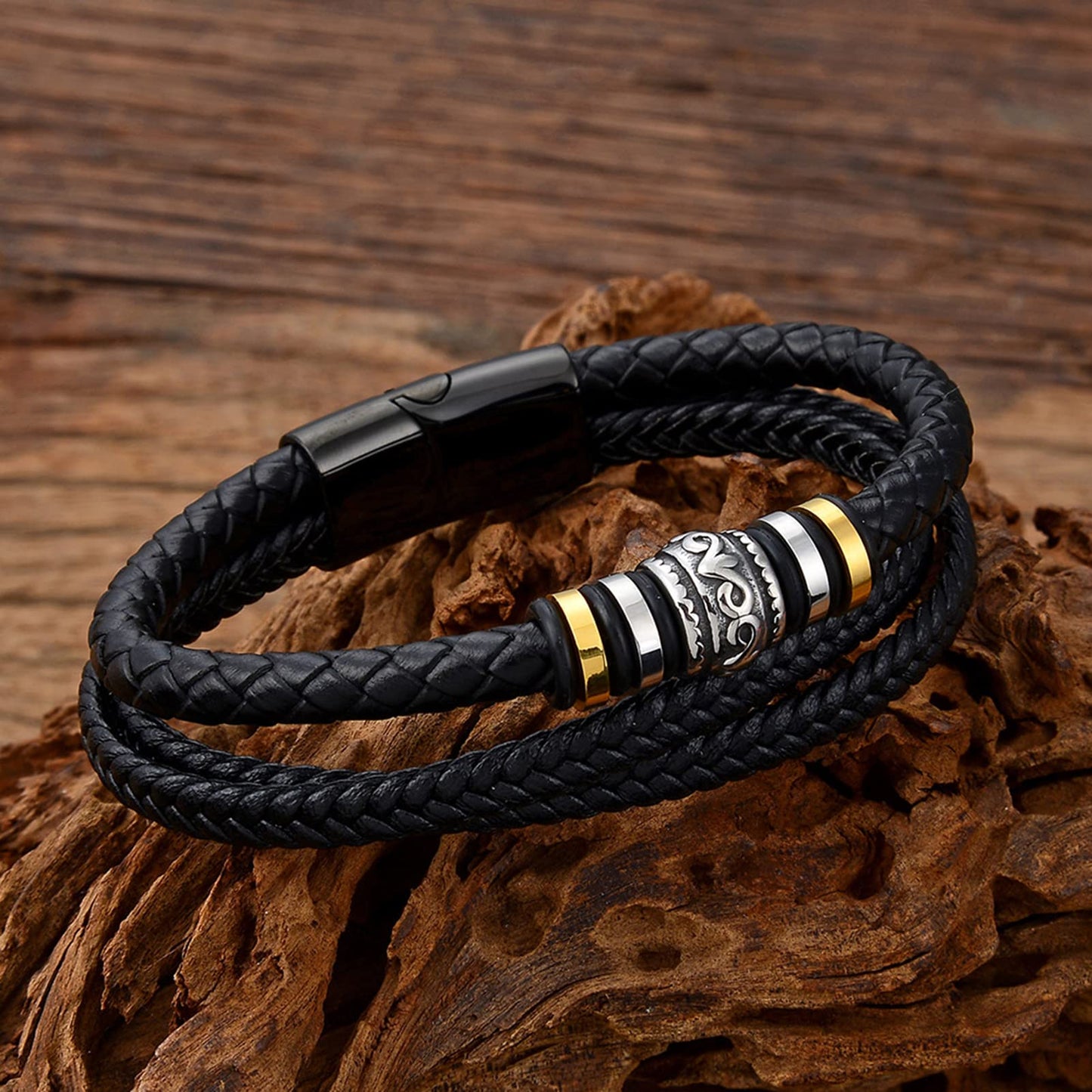 Men's Fashion Stainless Steel Multi-layer Leather Co Bracelet Braided Leather Buckle Titanium Steel Bracelet-PLUT